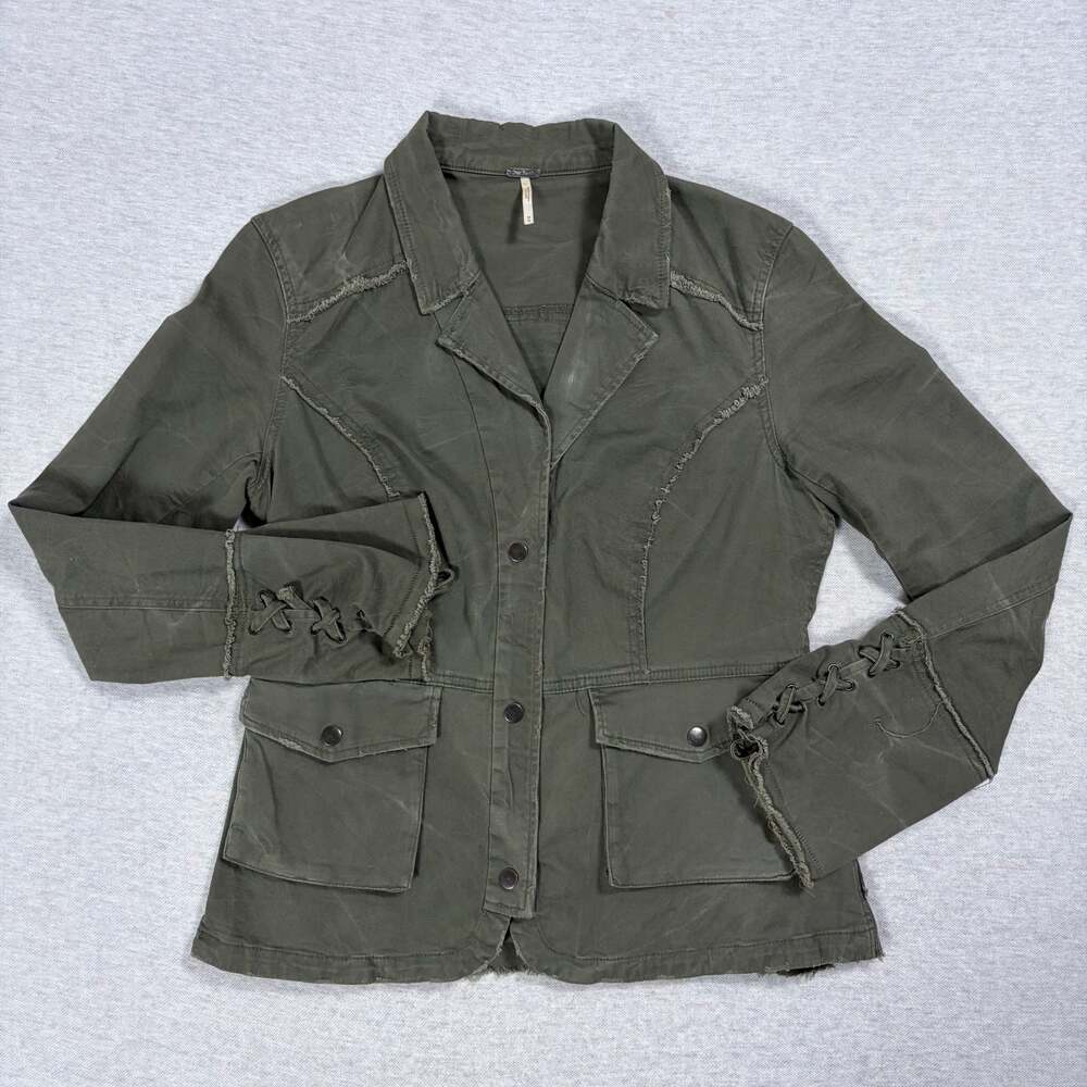 Free People Womens M Olive Military Utility Ruffled Lace Cuff Boho Jacket